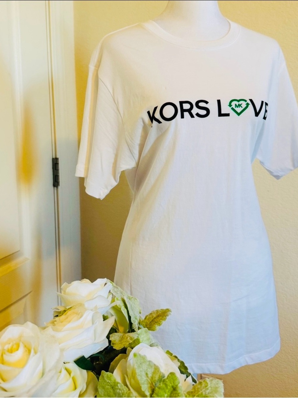 Michael Kors White Tee with Black Logo and Green Heart